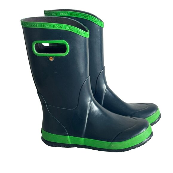 Bogs Solid Navy Green Rubber Rain Boots kids size 6 EU 39 - Picture 1 of 11